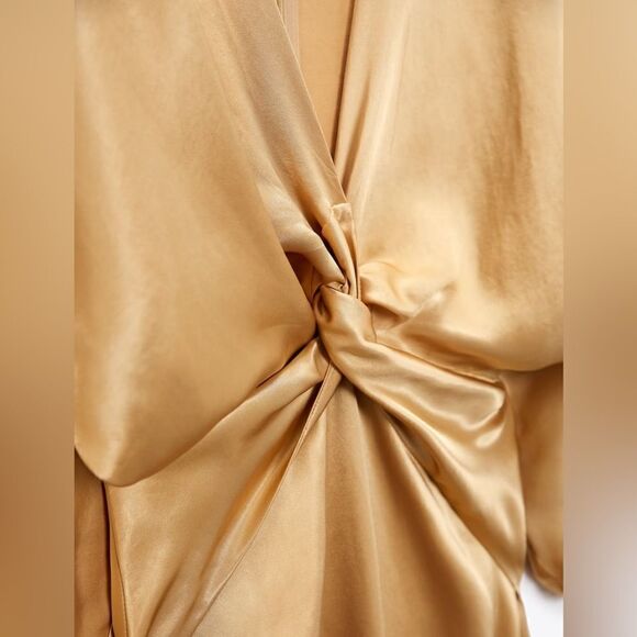 Zara Satin Gold Midi Knot Dress New - Picture 5 of 12